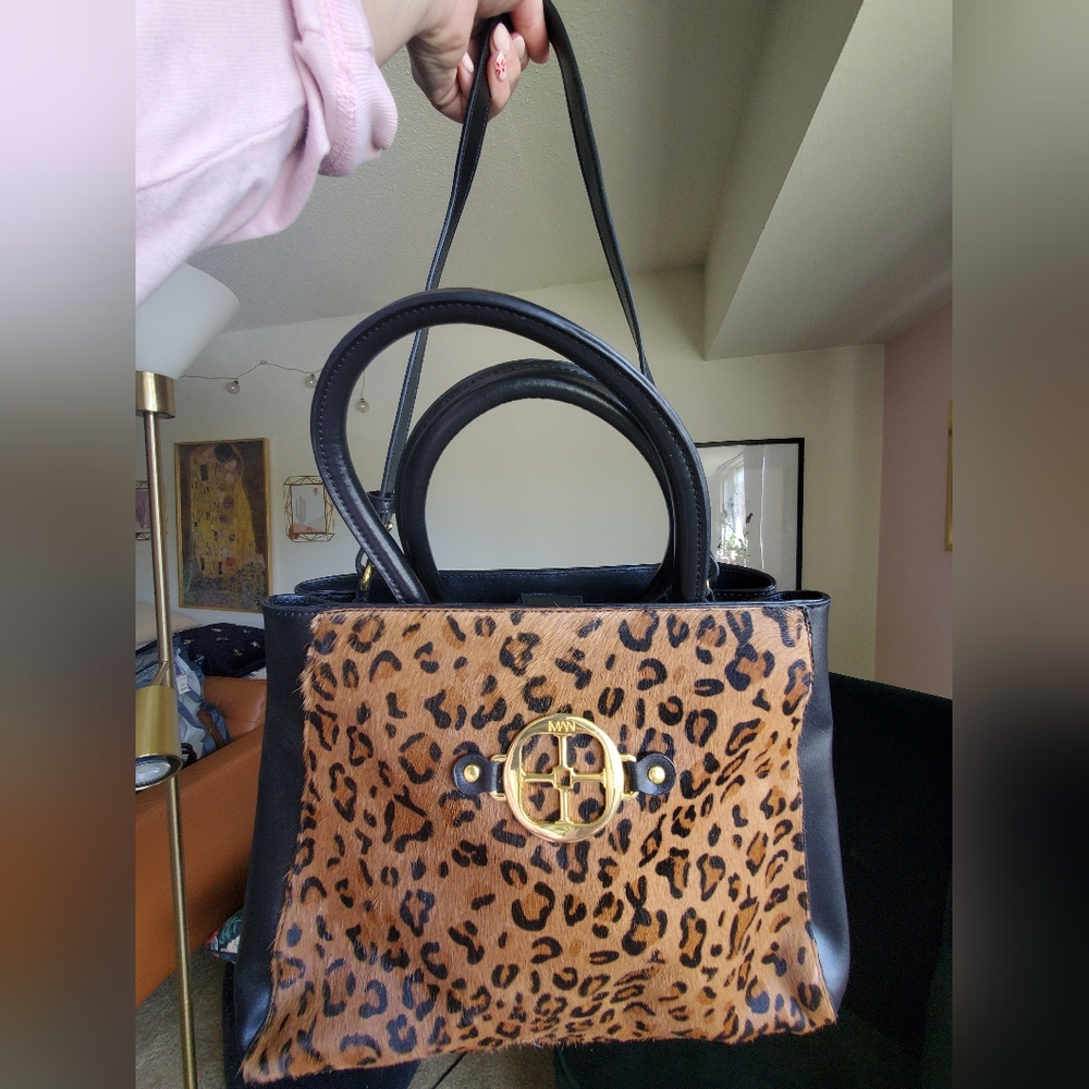 Never used! IMAN 100% split leather purse with leopard cowhide front